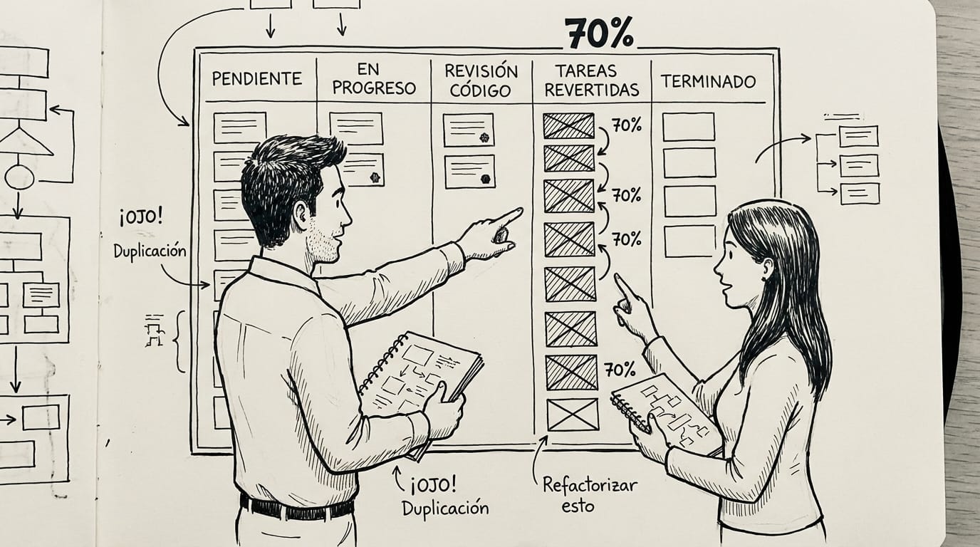 Desarrolladores frente a un tablero de planeación donde el 70% de las tarjetas de tareas revertidas están marcadas con etiquetas de sesgo