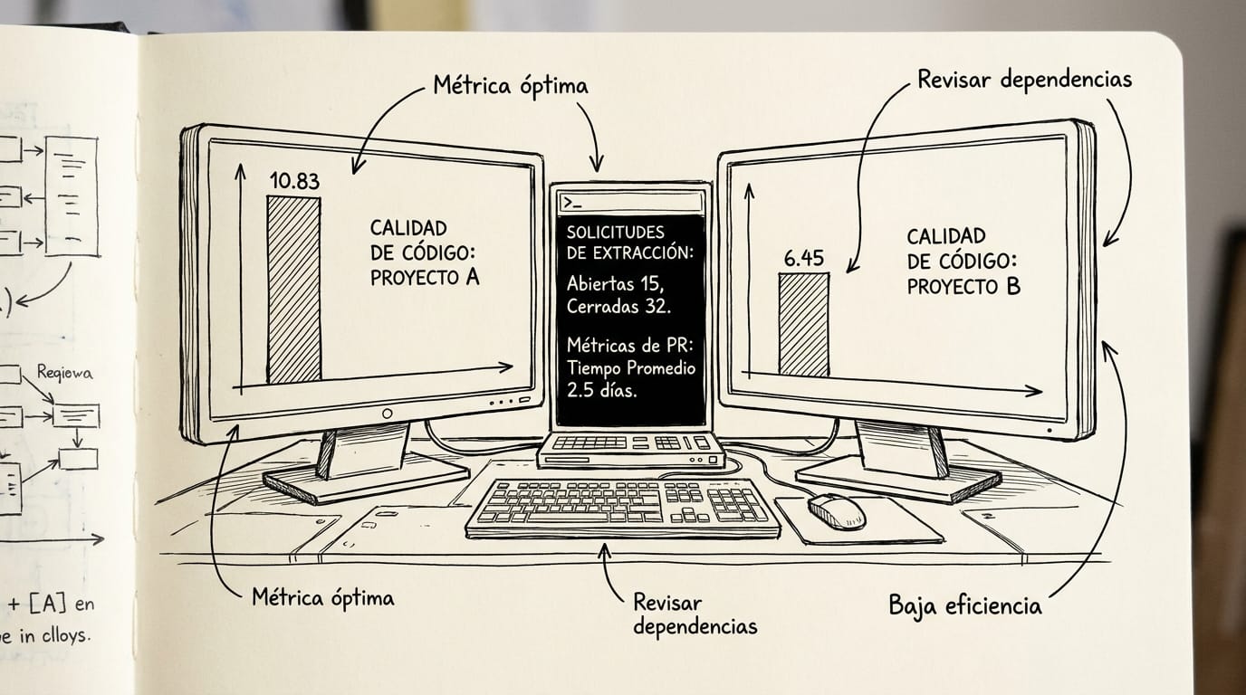 Dos monitores de computadora que contrastan 10.83 defectos por solicitud de extracción en código asistido por inteligencia artificial frente a 6.45 en código humano