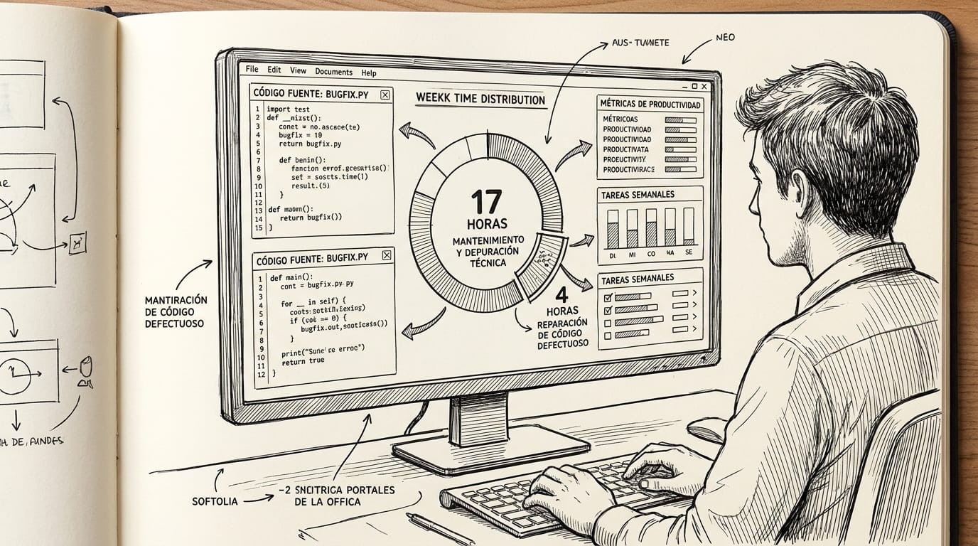 Desarrollador frente a un monitor en una oficina observando una gráfica de pastel donde se dividen 17 horas semanales de mantenimiento con 4 horas dedicadas a reparar código defectuoso
