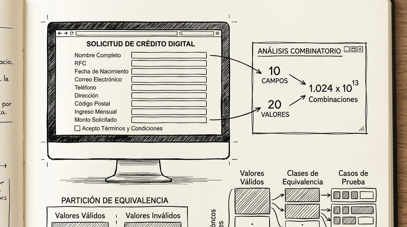 Pantalla de computadora mostrando un formulario web de registro con 10 campos y una alerta de cálculo de 10 billones de combinaciones posibles