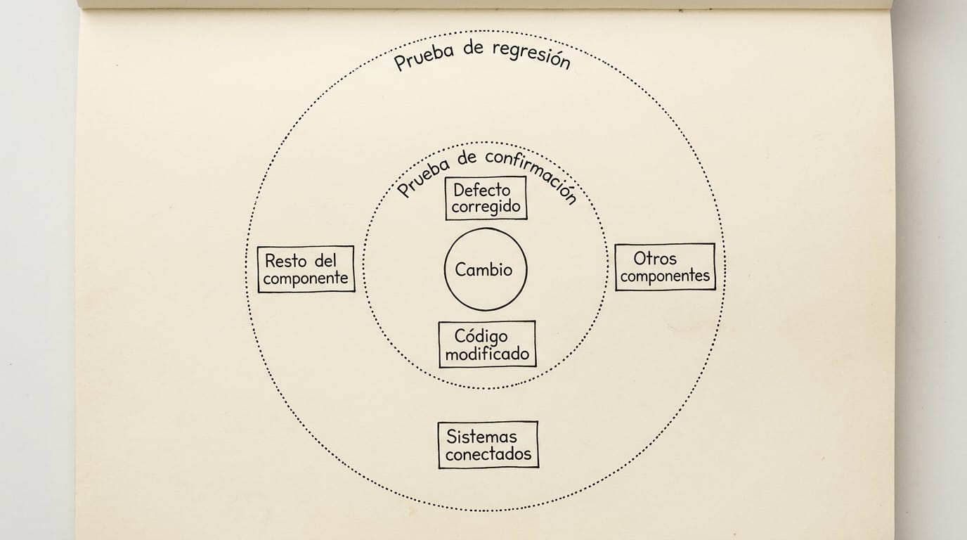 Un cambio al centro rodeado por dos círculos; el círculo interior, rotulado "prueba de confirmación", abarca el defecto corregido y el código modificado; el círculo exterior, rotulado "prueba de regresión", abarca el resto del componente, otros componentes y los sistemas conectados