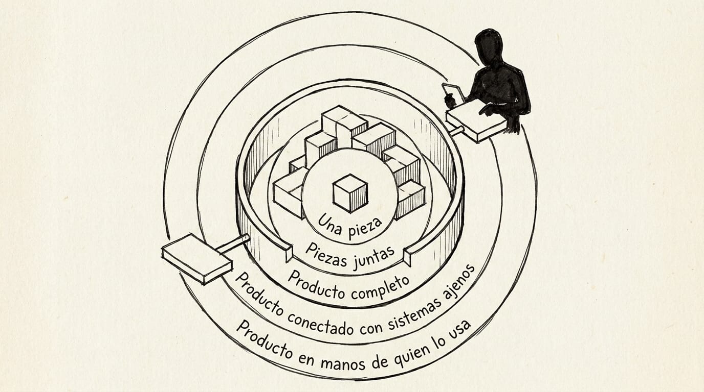 Cinco alcances en orden creciente; una pieza, piezas juntas, el producto completo, el producto conectado con sistemas ajenos y el producto en manos de quien lo usa