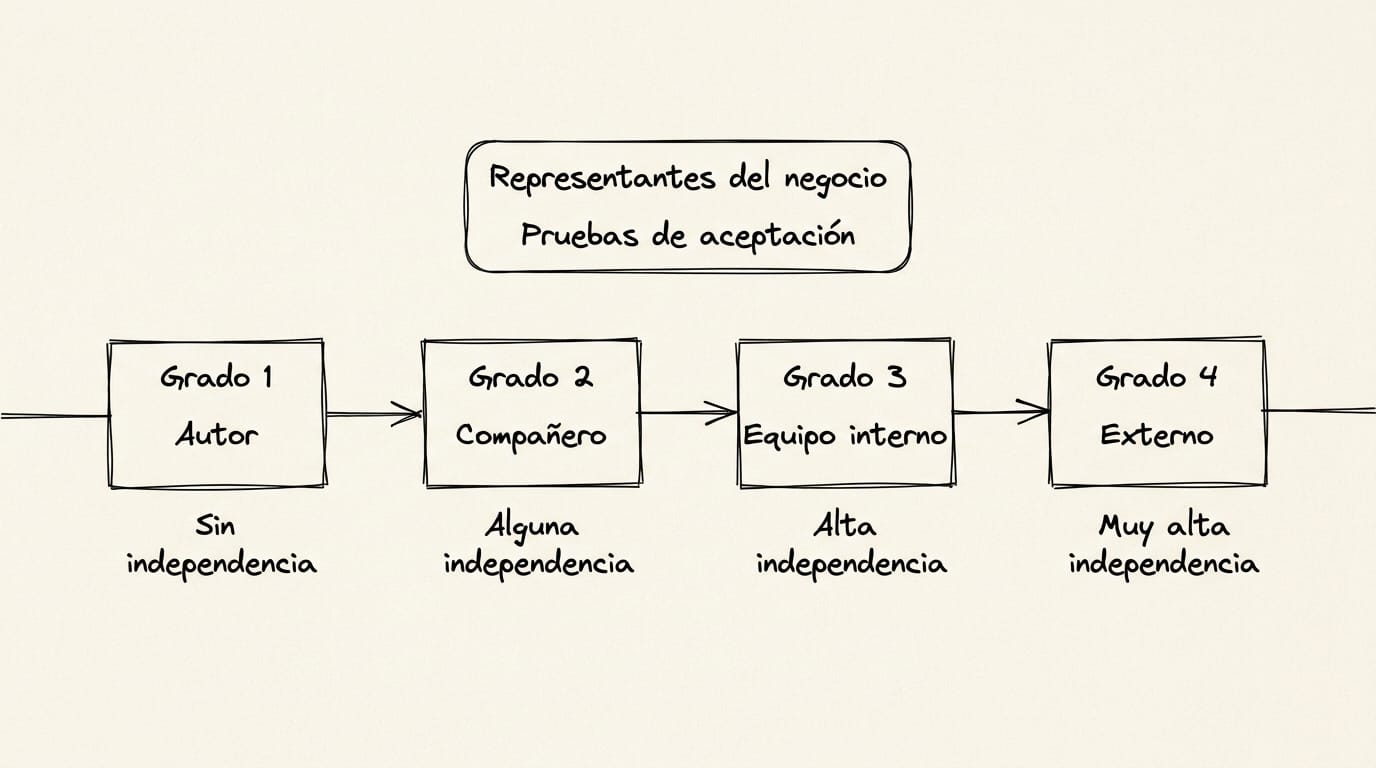 Escala horizontal de cuatro grados de independencia, del autor a la izquierda a quienes prueban desde fuera de la organización a la derecha, y aparte, fuera de la escala, los representantes del negocio que hacen las pruebas de aceptación