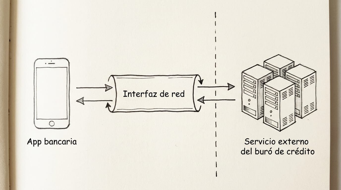 La app bancaria comunicándose a través de una interfaz de red con el servicio externo del buró de crédito