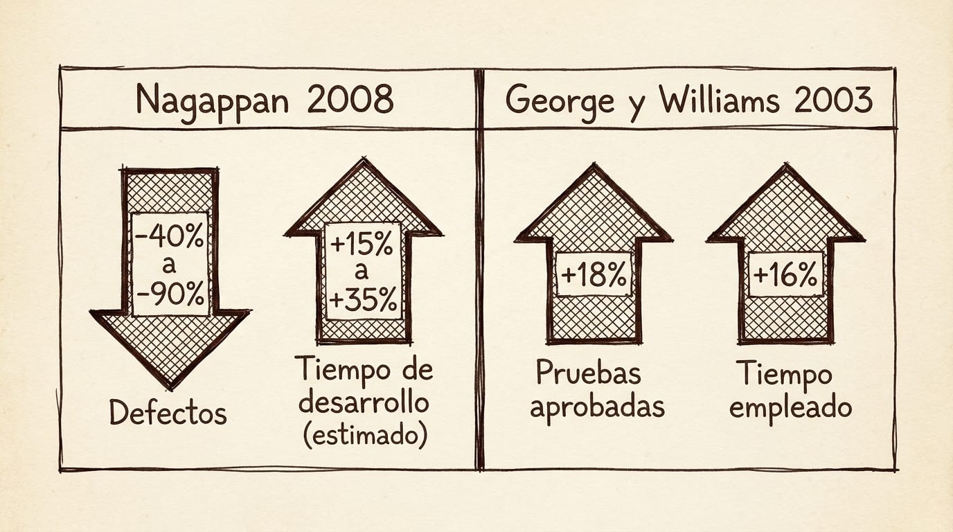 Comparación de estudios empíricos sobre TDD; el reporte de Nagappan registra una reducción de defectos de entre 40% y 90% con un incremento estimado de tiempo de entre 15% y 35%, mientras que el estudio de George y Williams muestra 18% más pruebas funcionales aprobadas con un 16% más de tiempo empleado