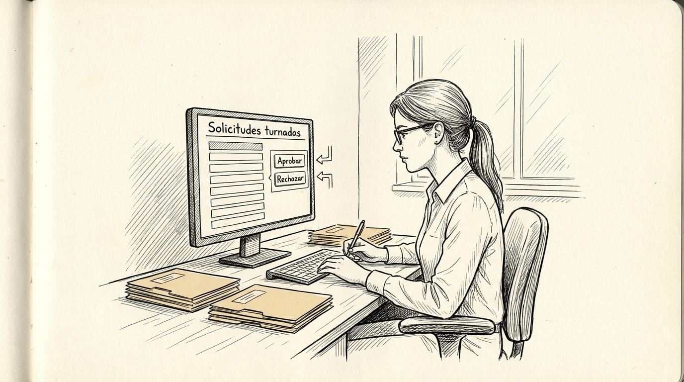 Una analista de crédito en su estación de trabajo revisando una lista de solicitudes de préstamo turnadas para evaluación manual