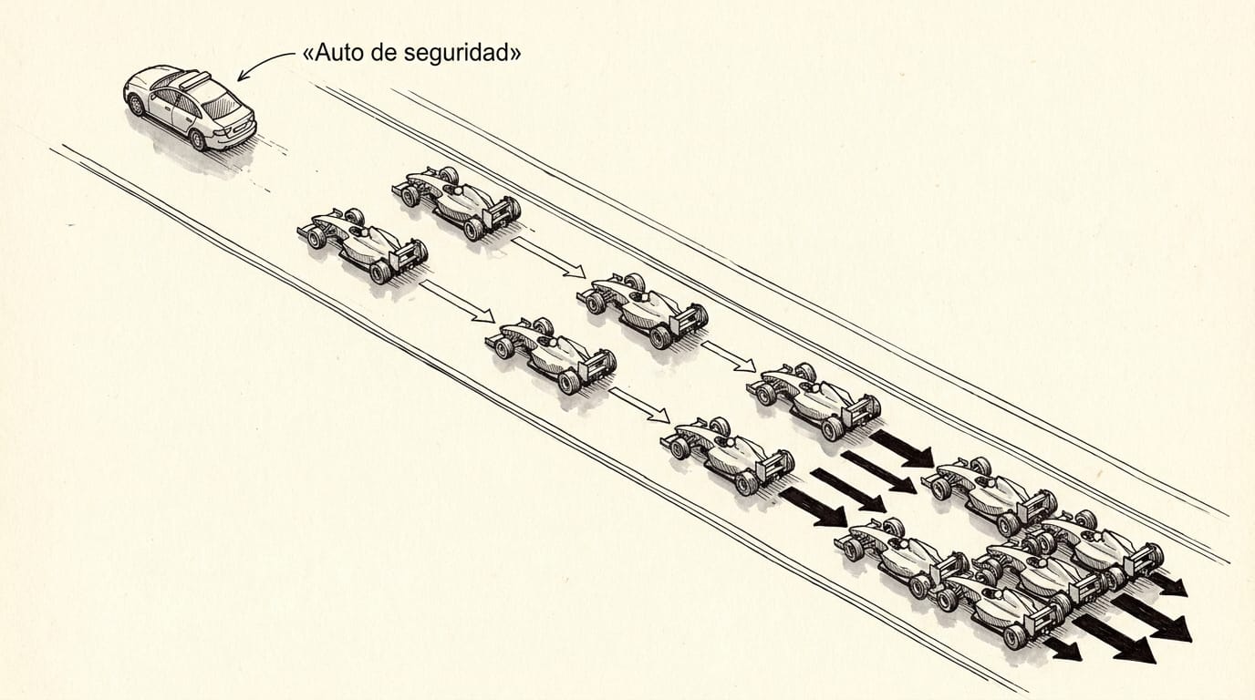 Fila de monoplazas detrás del auto de seguridad en Sepang donde la desaceleración del frente se amplifica hacia atrás hasta que los autos de atrás casi se detienen, mientras los de adelante siguen rodando
